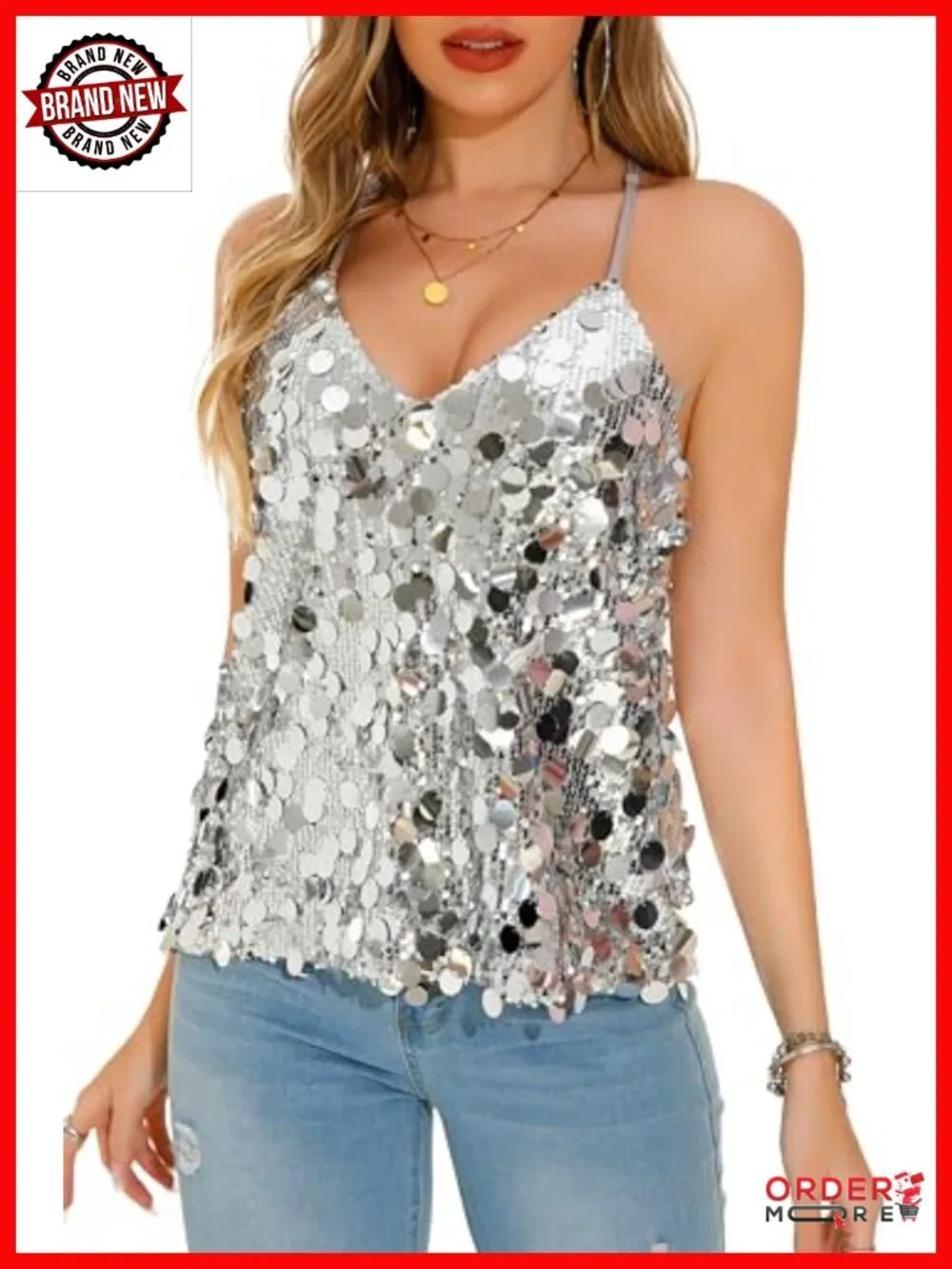 Sequin Strappy Tank Top Scallop Hem Night Out Party Top